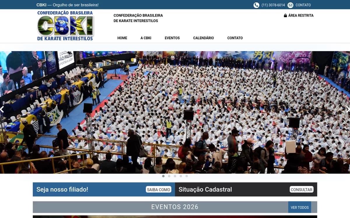 CBKI website, the Brazilian Interstyle Karate Confederation, showing a packed championship photo and the affiliation, registration status and events blocks.