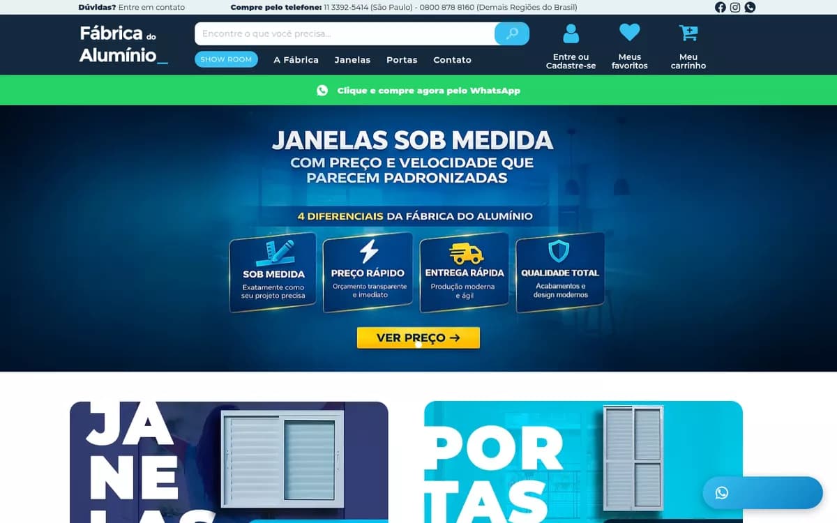 Fábrica do Alumínio online store: product search in the header and a made-to-measure windows banner with the brand's four selling points.