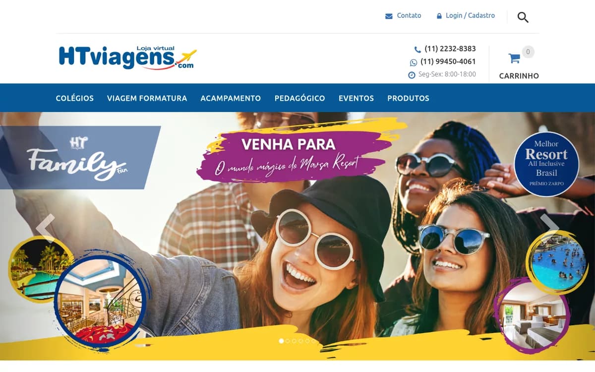 Tienda virtual de HT Viagens: menú por tipo de viaje — colegios, graduación, campamento, pedagógico y eventos — con carrito de compras y banner rotativo de destinos.