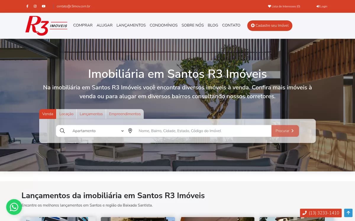 R3 Imóveis portal, a real estate agency in Santos, with property search by type and location over the hero banner and the new developments section below.