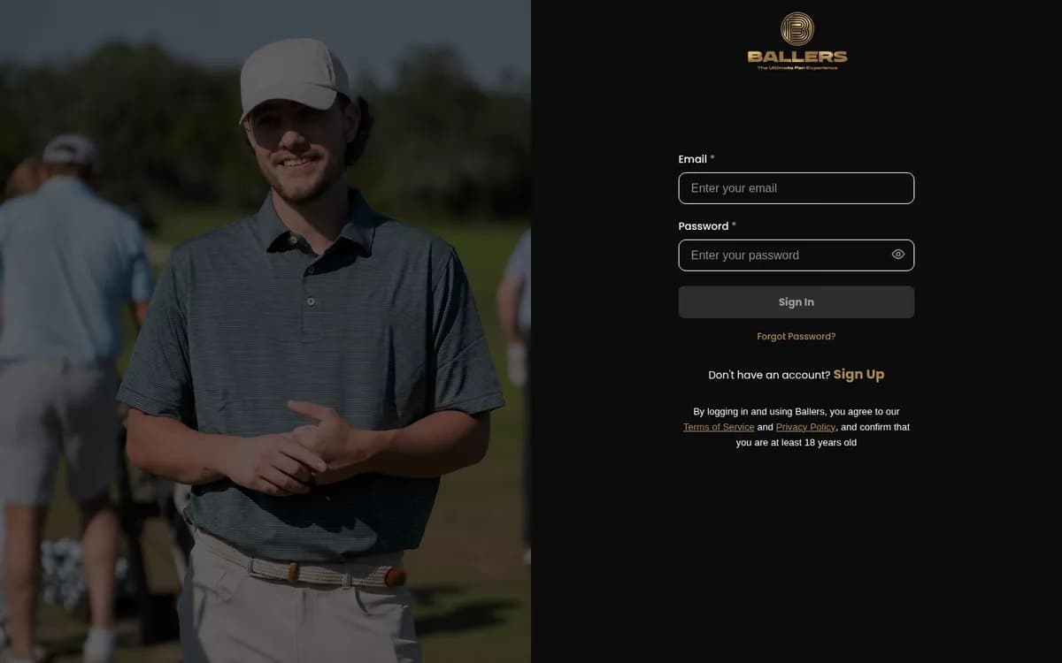 VipBallers sign-in screen: the gold brand mark on a dark background, with the login and sign-up form beside the opening photo.